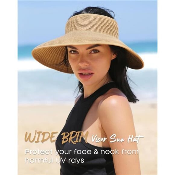 Wide Brim Straw Sun Visor Hat Women Ponytail UPF 50 Beach Packable Hat - Picture 4 of 7